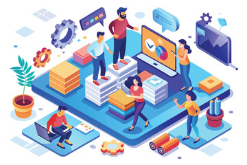 Sticker - A team of individuals gathered around a laptop, engaged in a discussion or collaboration on a project, Ui-ux team Customizable Isometric Illustration