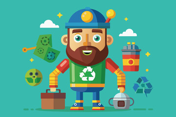 Aufkleber - A man with a beard wearing a hard hat holds a tool in his hand, Upcycle Customizable Cartoon Illustration