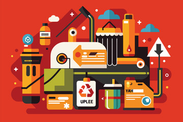 Poster - Various mismatched items on a bright red background, creating a visually engaging composition, Upcycle Customizable Disproportionate Illustration