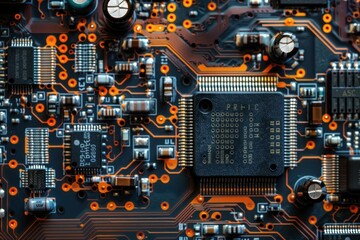 Poster - Detailed macro shot of electronic parts on a computer motherboard highlighting technology intricacies