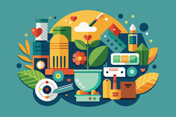 Poster - Diverse collection of items arranged on a blue backdrop, Upcycle Customizable Semi Flat Illustration