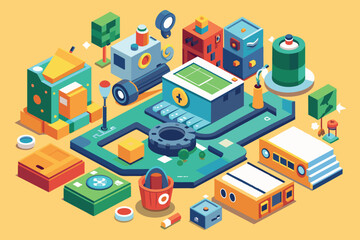 Poster - Various items neatly placed on a smartphone, creating an interesting display of colors and shapes, Upcycle Customizable Isometric Illustration