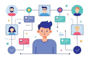 Poster - A man standing amidst various social media icons in a customizable flat illustration, User flow Customizable Flat Illustration