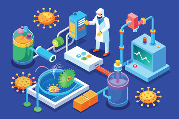 Poster - A man in a lab coat is focused on adjusting a machine in a scientific laboratory setting, Virus disinfection Customizable Isometric Illustration