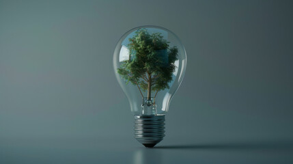 Poster - A single tree growing inside a clear light bulb, symbolizing sustainable and renewable energy