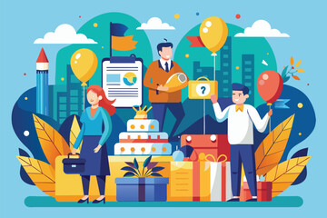 Sticker - Multiple individuals gathered around a birthday cake, sharing in the joyous celebration, Work anniversary Customizable Semi Flat Illustration