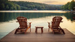 © Rania - Three wooden Adirondack chairs are on a dock overlooking a lake. The sky is blue with white clouds and there are trees on the shore.