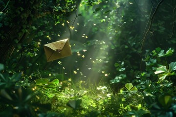 mystical envelope floating among clovers in enchanted forest magical fairy tale concept digital art