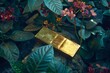 A photo of a single gold ingot nestled amongst lush green leaves and vibrant flowers, creating an unexpected contrast