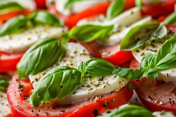 Canvas Print - Caprese salad with tomato, mozzarella, and basil, close-up with focus on the layering and colors 