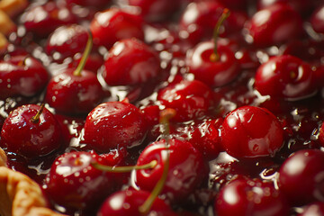 Wall Mural - Cherry pie with golden crust, close-up with cherries bubbling through, warm homey feel 