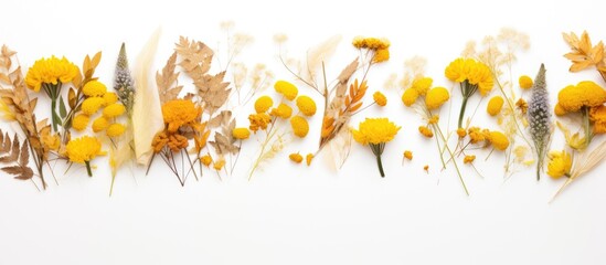 Wall Mural - In the middle of a white background there is a top view flat lay arrangement of yellow dried flowers and plants creating a border frame There is enough empty space for additional content
