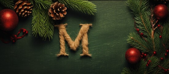 A festive Christmas alphabet arrangement featuring the letter M crafted from pine tree branches adorned with Christmas ornaments It is placed on a gold table background surrounded by a red knitted ha