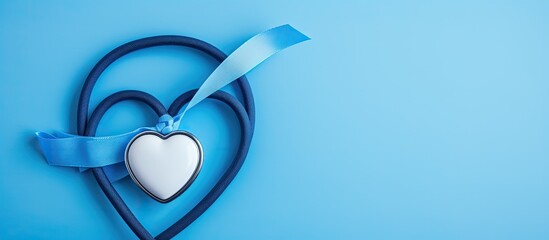 A blue Diabetes Awareness Ribbon with a stethoscope rests on a blue background providing ample space for additional content like a copy space image