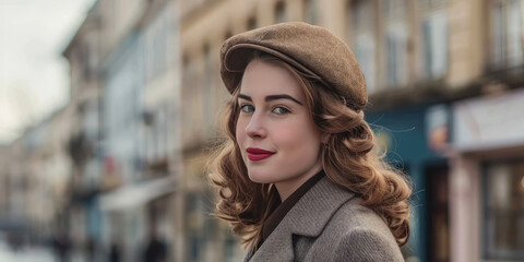 Portrait of Stylish young woman at European city street, 1940s 1950s vintage style. Retro fashion, elegant beauty.