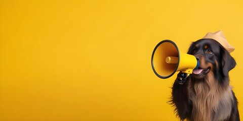 A close-up view of a brown and black dog with a long beard wearing a golden megaphone on a bright yellow background