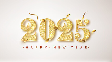 Wall Mural - 2025 gold new year banner with flying confetti and glitter numbers on bright background. banner for 