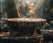 © CHONCHANOK PHOTO - A rustic wooden podium with intricate carvings of forest creatures stands on a platform made of stacked logs covered in soft moss Sunlight filters through the leaves