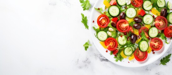 Wall Mural - Top down view of a delicious salad arranged on a white tiled table containing leek tomatoes and cucumbers Ample copy space is available for text
