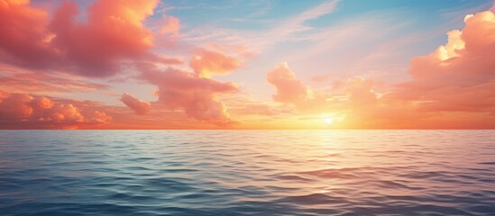 Wall Mural - Copy space image of a stunning sea sunset with majestic clouds as the sun sets over the ocean s horizon