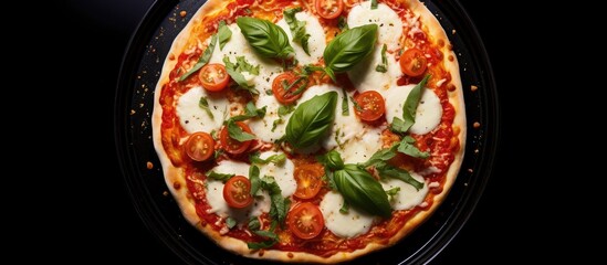 Wall Mural - A delicious Margherita pizza on a black background garnished with mozzarella and basil This top view image provides space for text. Copyspace image