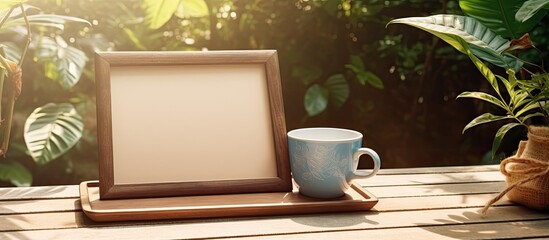 Outdoor summer photo of a marine style mock up featuring an empty wooden frame a cup of coffee a rope and a magnifier with palm shadows. Copyspace image