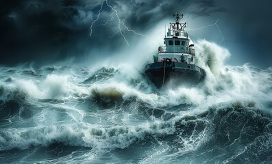 The dangers and challenges of fishing at sea, Ship crests mountainous waves under stormy skies, lightning cracking, men aboard facing nature's wrath.