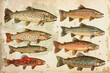 Vintage illustration of different trout species, detailed anatomical drawings on an aged paper background 
