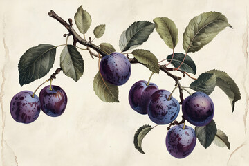 Wall Mural - Vintage botanical illustration of plums with detailed branches and leaves, classic style on a cream background 