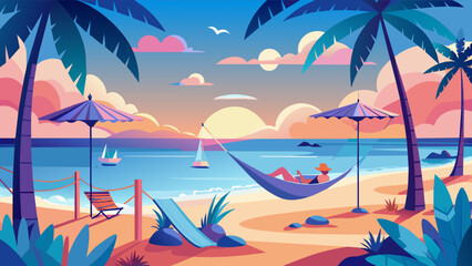 Wall Mural - Tropical Beach Sunset with Hammock and Umbrellas Illustration