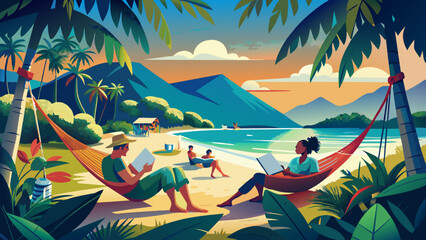 Wall Mural - Tranquil Tropical Beach Escape with Hammock and Readers