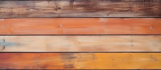 Wall Mural - A copy space image showing a cohesive background of wooden walls in orange brown oil paint watercolor pastel brown and yellow brown plank wooden wall panels with a textured brown paint finish