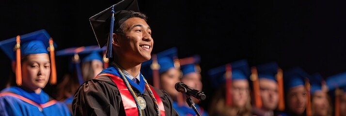 Valedictorian gives commencement speech to group of student graduates in caps and gowns at school graduation