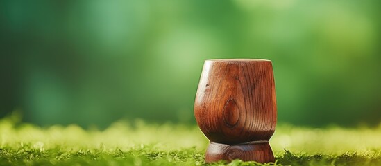 Poster - The vintage wooden object rests on a serene green background with a blurry bokeh effect in the natural setting allowing for copy space in the image