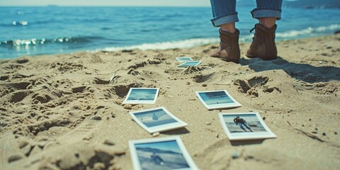 vacation photos on the sunny sandy beach shore on summer holiday