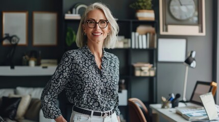 Wall Mural - Smiling confident stylish mature middle aged woman standing at home office. Mature businesswoman, gray-haired lady executive business leader manager looking at camera with her ands in her pockets. 