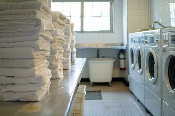 Bright laundry room in a facility with folded towels and washing machines