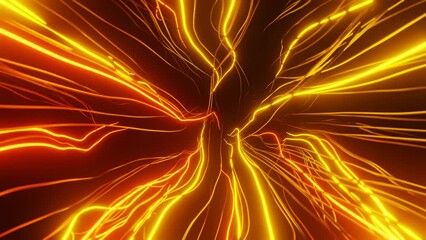 Wall Mural - Abstract electricity energy futuristic yellow orange red heat sun light wires cables background. Retro sci-fi technology data traffic moving through dynamic streaks. Loop animation 30fps 4k