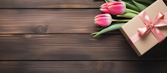 Wall Mural - An arrangement of tulips is placed next to a gift box on an aged wooden table providing a visually appealing copy space image