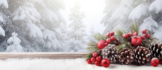 A close up of a festive fir tree and candy cones elegantly adorned with a vibrant red bow displayed on a rustic white wooden backdrop This charming arrangement creates a Christmas decoration backgrou