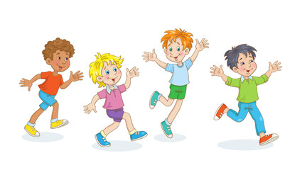 Sticker - Cheerful boys with different skin and hair colors are running. Isolated on  white background. Vector illustration.