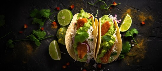 Wall Mural - Top view copy space image of crispy fish tacos with avocado guacamole sauce and lime on a dark background Mexican cuisine with nacho chips