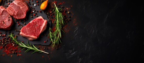 Wall Mural - A top view of fresh raw beef steaks with pepper on a black slate board is shown in the copy space image