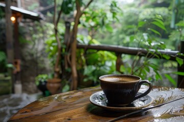 Sticker - Black cup of coffee on a wooden table with a tranquil garden backdrop