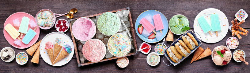 Poster - cool summer food table scene. selection of ice cream, popsicles and frozen treats. pastel colors. to