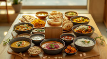 There Are Many Bowls Of Food On A Wooden Tray