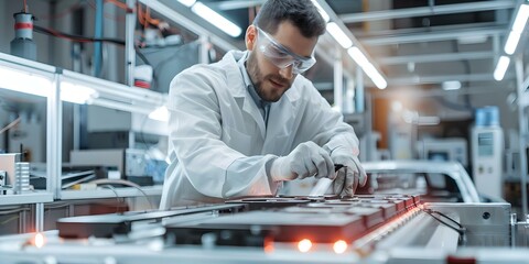 Poster - Expert working on automotive battery module in laboratory. Concept Automotive Battery Testing, Laboratory Research, Electrical Engineering, Battery Performance Analysis, Automotive Technology