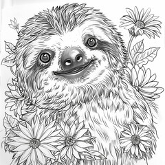 Sticker - a black and white drawing of a sloth with flowers