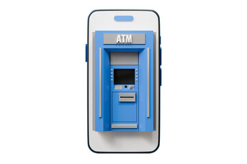 Poster - 3d ATM Machine with mobile smartphone icon isolated on blue background. Money transfer account online, E-business finance money payment service concept. Minimal 3d ATM money tranfer icon. 3d render.
