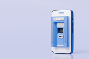 Poster - 3d ATM Machine with mobile smartphone icon isolated on blue background. Money transfer account online, E-business finance money payment service concept. Minimal 3d ATM money tranfer icon. 3d render.